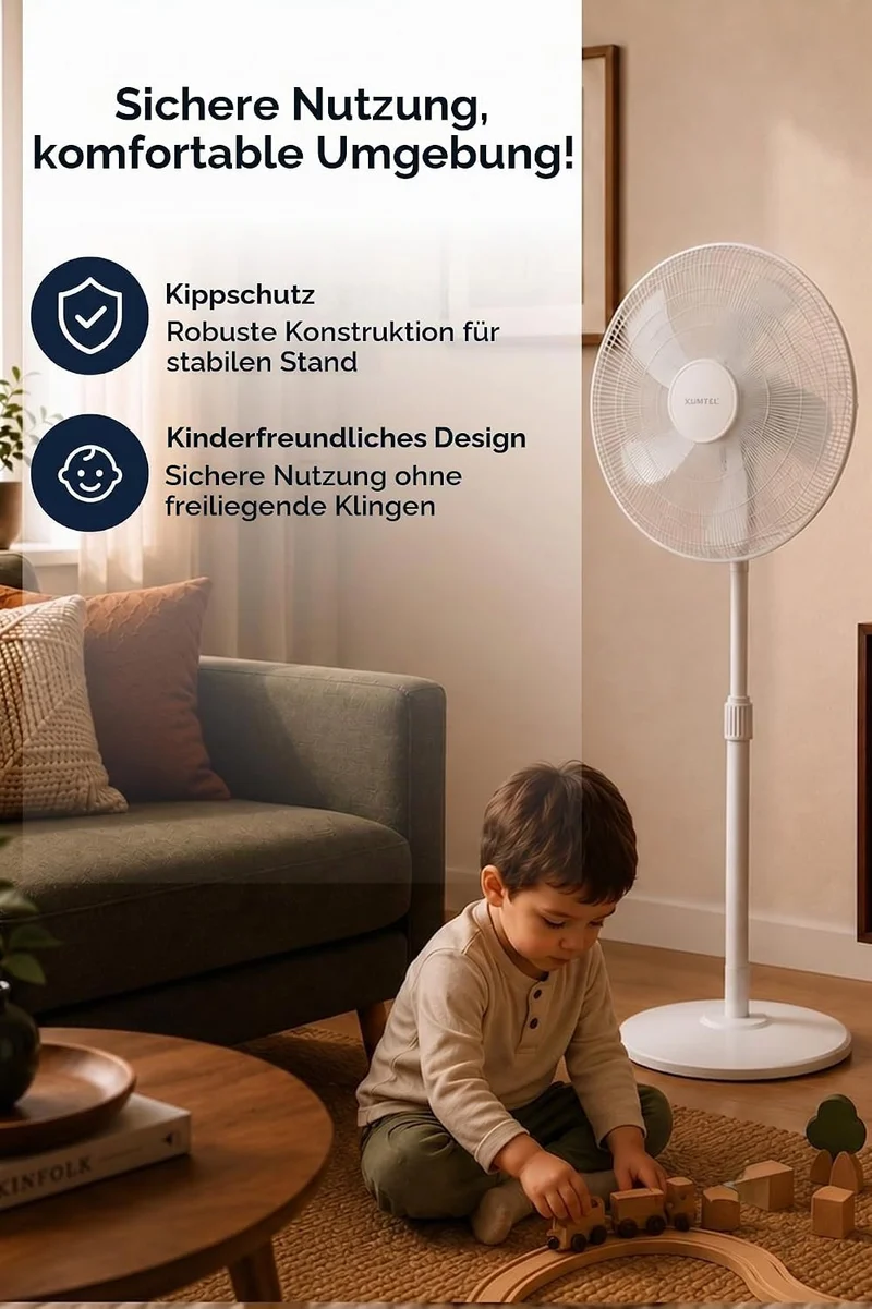 Opviq Kumtel Verstellbarer weisser Ventilator, 50 W, 40,5 x 44 x 121 cm | 3 Geschwindigkeitsstufen,