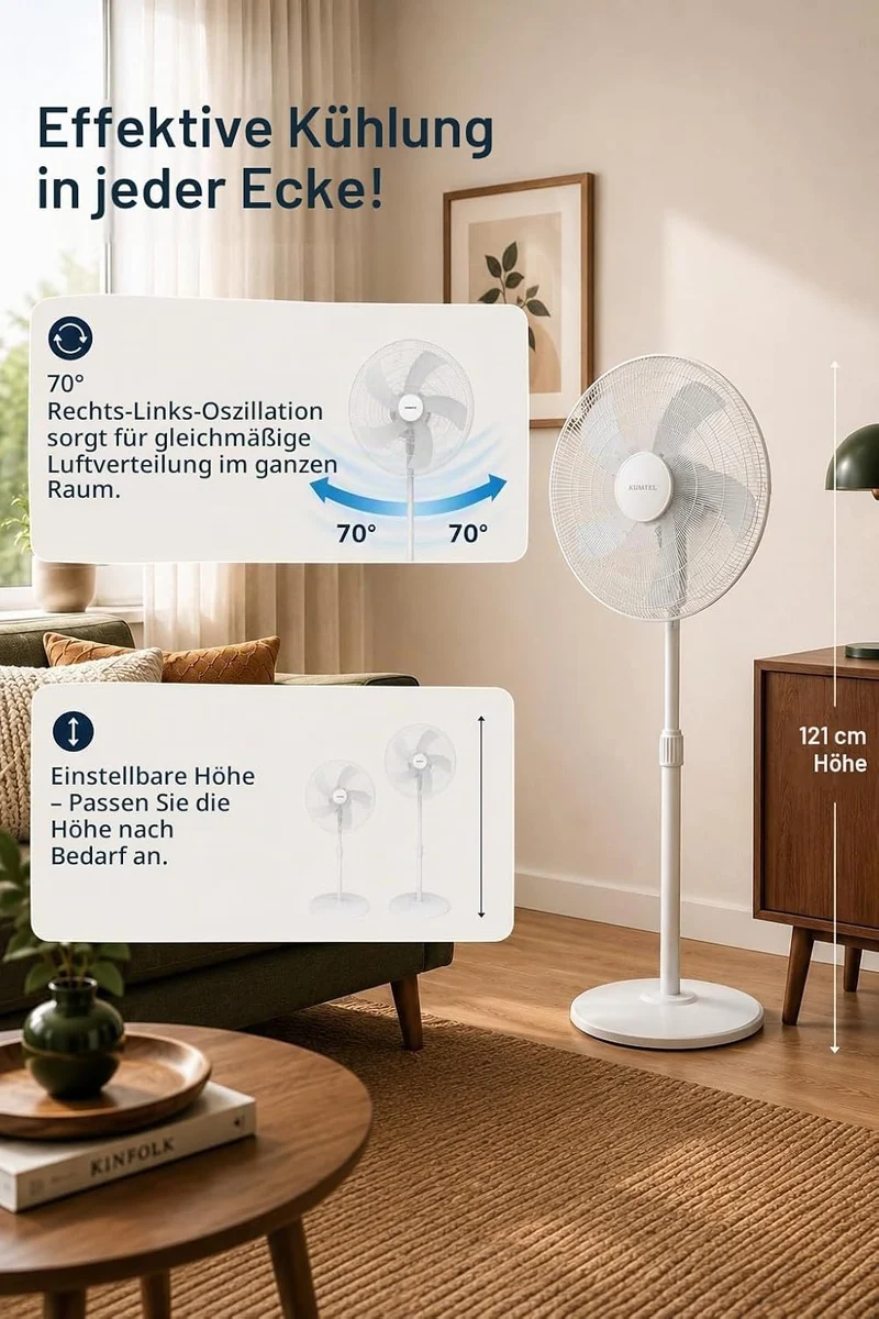 Opviq Kumtel Verstellbarer weisser Ventilator, 50 W, 40,5 x 44 x 121 cm | 3 Geschwindigkeitsstufen,