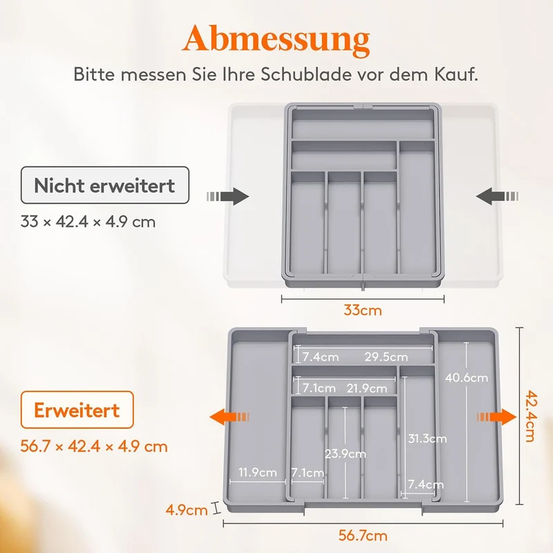 Lifewit Besteckkasten für Schubladen 40 50, verstellbarer Kunststoff Organizer Küche Tiefe 42,4 cm,