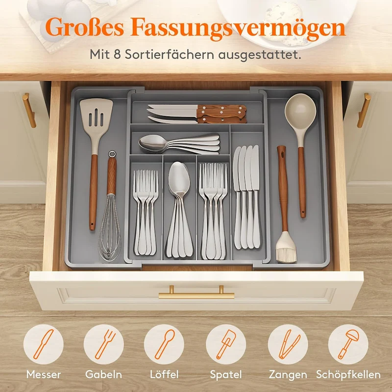 Lifewit Besteckkasten für Schubladen 40 50, verstellbarer Kunststoff Organizer Küche Tiefe 42,4 cm,
