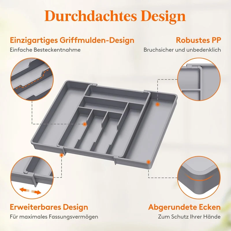 Lifewit Besteckkasten für Schubladen 40 50, verstellbarer Kunststoff Organizer Küche Tiefe 42,4 cm,