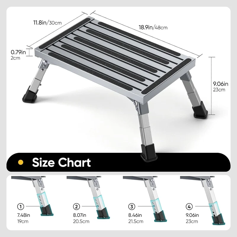 Aluminium Tritthocker Klappbar mit 350 kg Traglast & 4-stufige Höhenverstellung18-24 cm, Klappbar Ru