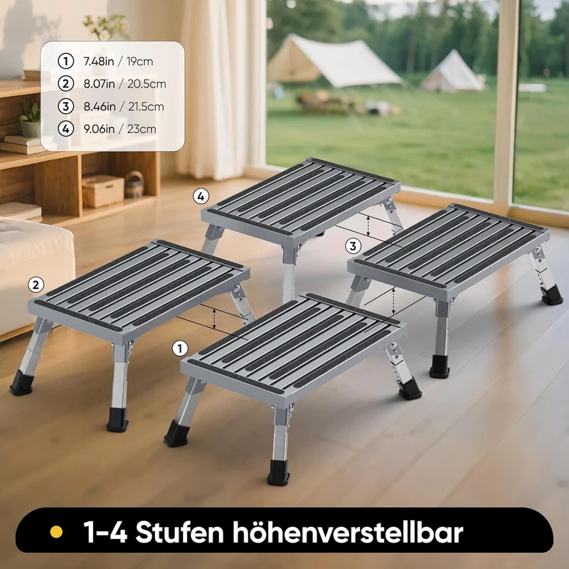 Aluminium Tritthocker Klappbar mit 350 kg Traglast & 4-stufige Höhenverstellung18-24 cm, Klappbar Ru