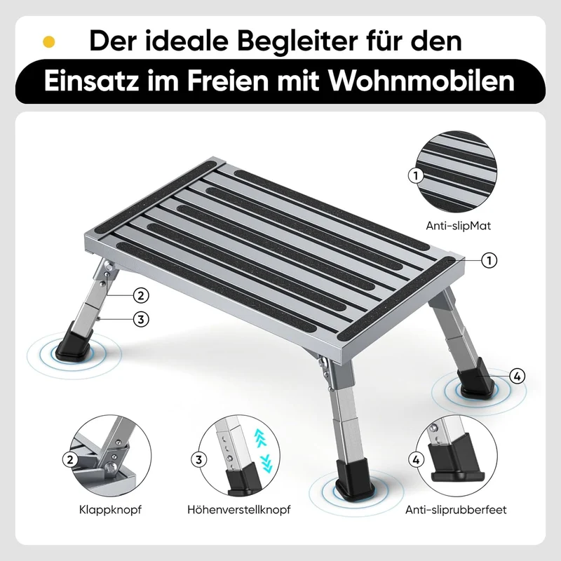 Aluminium Tritthocker Klappbar mit 350 kg Traglast & 4-stufige Höhenverstellung18-24 cm, Klappbar Ru