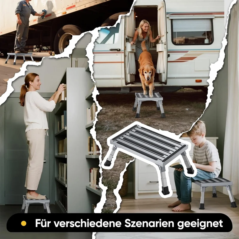 Aluminium Tritthocker Klappbar mit 350 kg Traglast & 4-stufige Höhenverstellung18-24 cm, Klappbar Ru