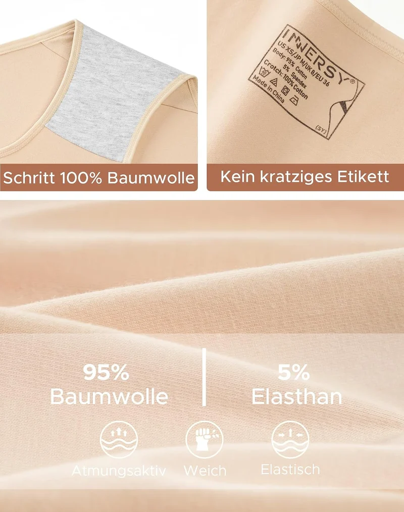 INNERSY Unterhosen Damen Baumwolle Atmungsaktive Hipster Unterwäsche 6 Pack | 100% Baumwoll Schritt,