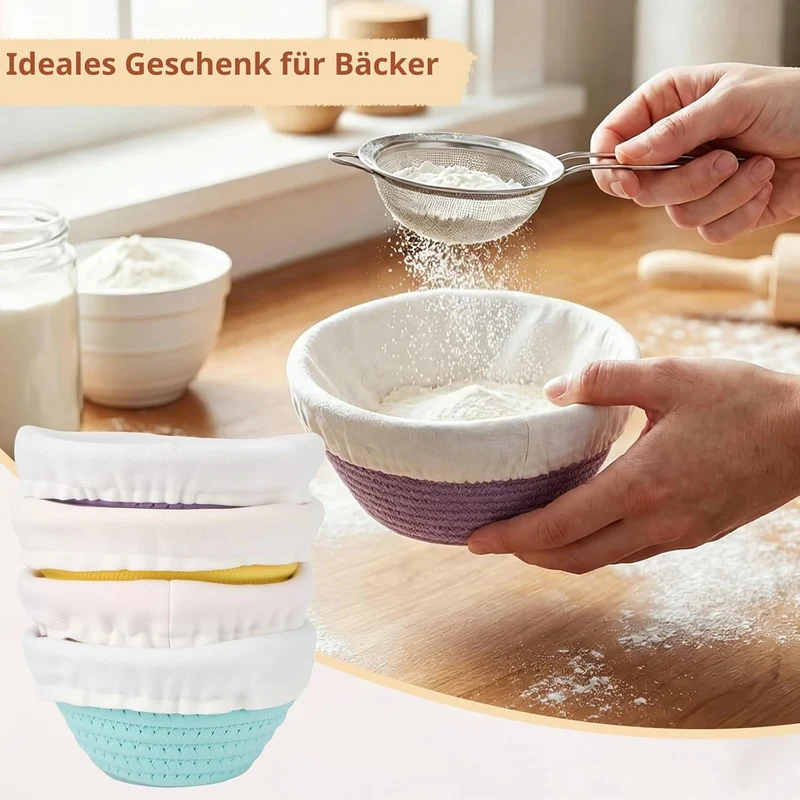 Gärkörbchen Rund Set 4-teilig, 13 x 6 cm, Mini Gärkorb Brot mit 4 Einsätzen | Gärkörbchen Brot für S