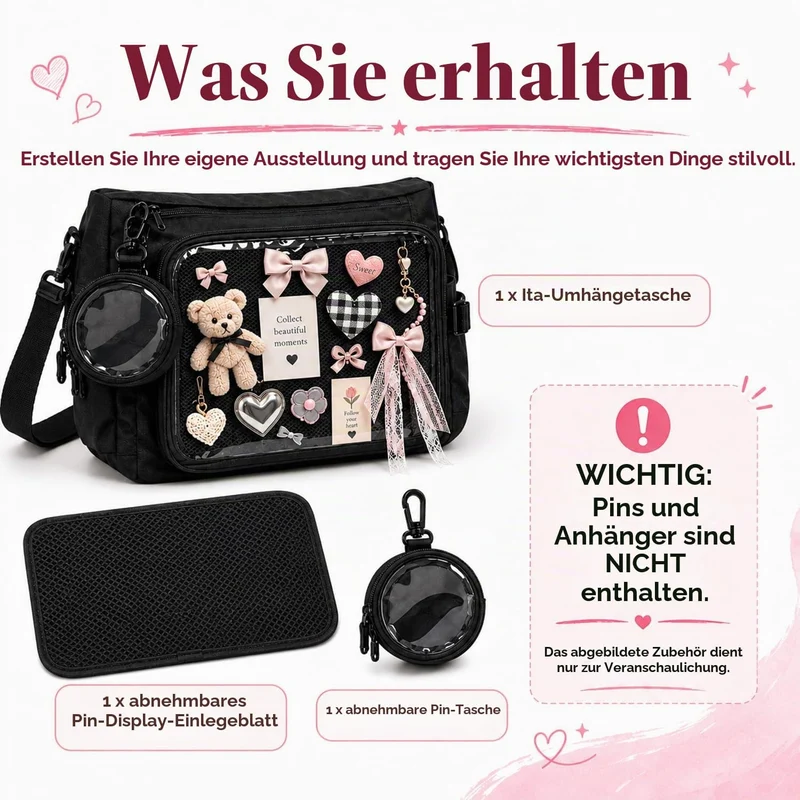 Ita Crossbody Tasche für Damen, Nylon Schultertasche mit transparentem Display-Fenster und herausneh
