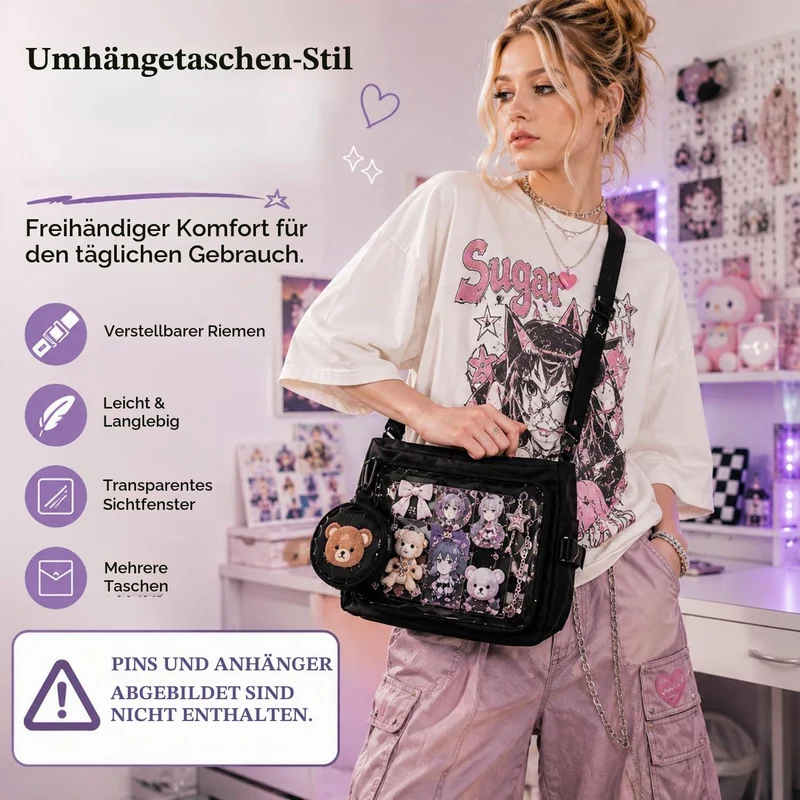 Ita Crossbody Tasche für Damen, Nylon Schultertasche mit transparentem Display-Fenster und herausneh