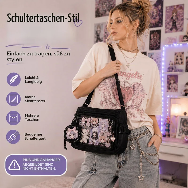 Ita Crossbody Tasche für Damen, Nylon Schultertasche mit transparentem Display-Fenster und herausneh