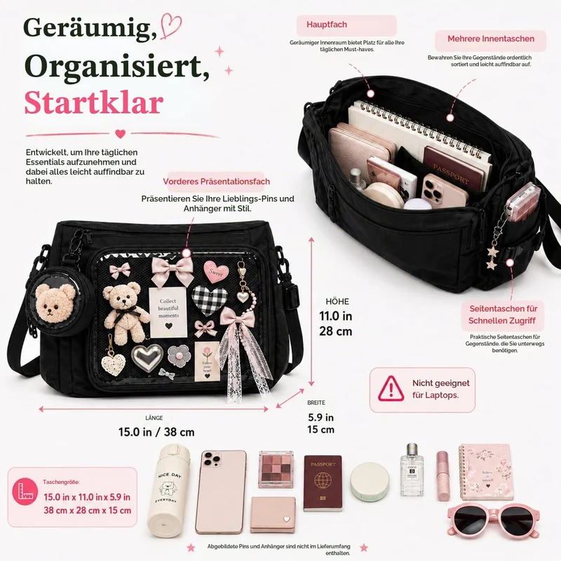 Ita Crossbody Tasche für Damen, Nylon Schultertasche mit transparentem Display-Fenster und herausneh