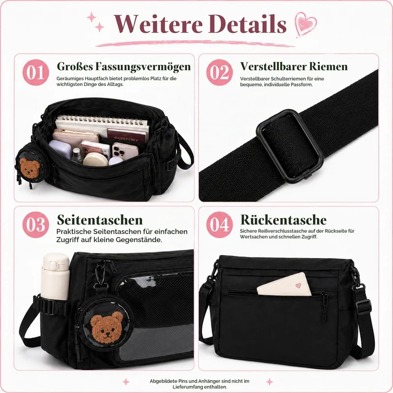 Ita Crossbody Tasche für Damen, Nylon Schultertasche mit transparentem Display-Fenster und herausneh