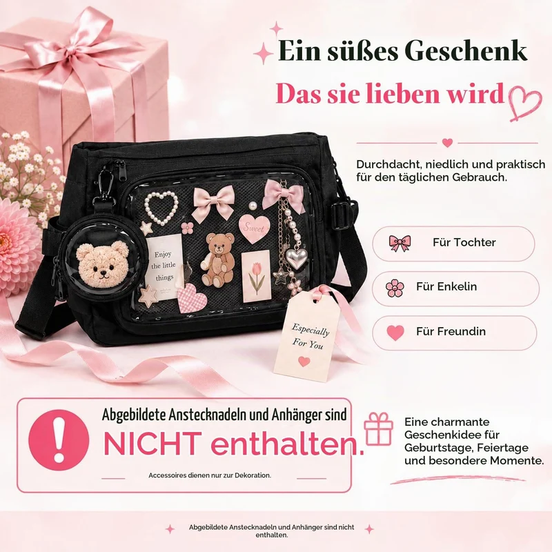 Ita Crossbody Tasche für Damen, Nylon Schultertasche mit transparentem Display-Fenster und herausneh