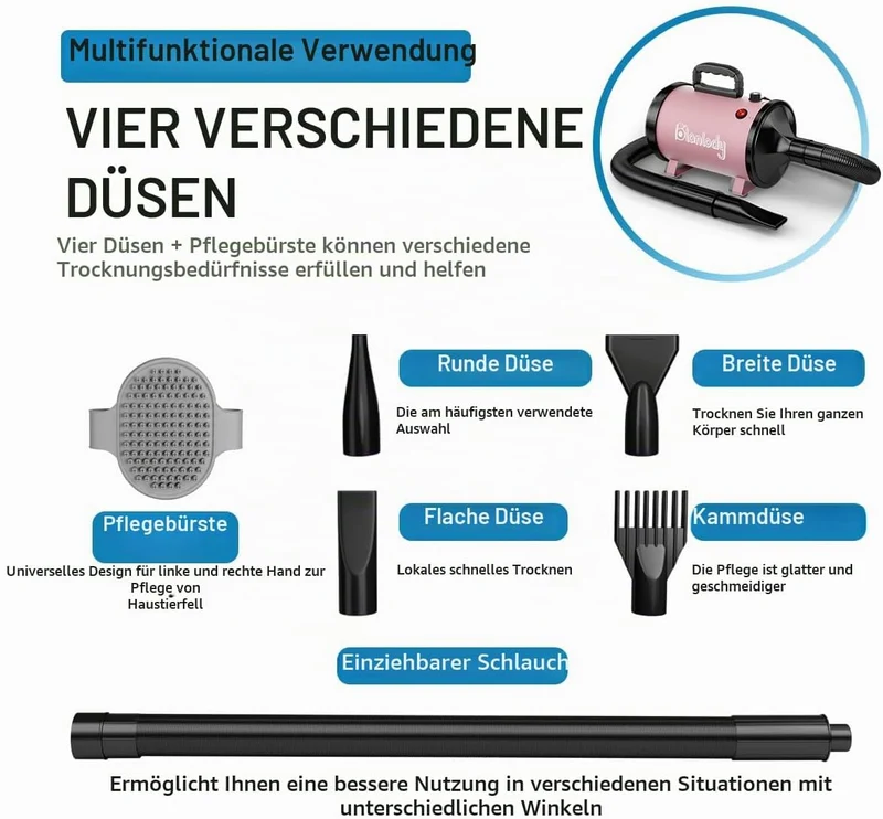 Hundefön Blower Sehr Leise 4.5 PS / 3200W Rosa, Rosa