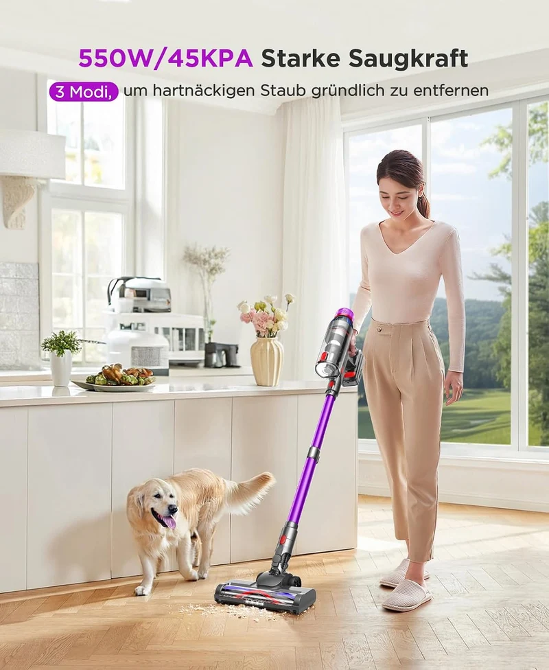 Akku Staubsauger Kabellos Starke Saugkraft | Akkusauge mit LED Display und Anti Tangle Bürste, Selbs
