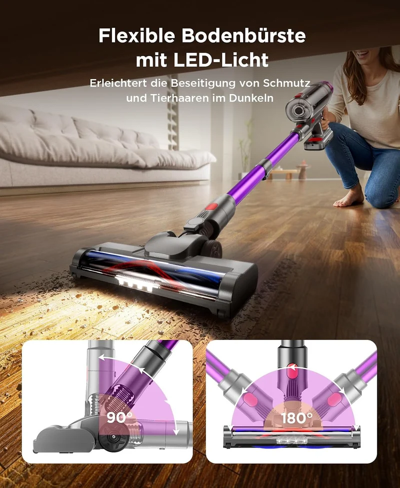 Akku Staubsauger Kabellos Starke Saugkraft | Akkusauge mit LED Display und Anti Tangle Bürste, Selbs