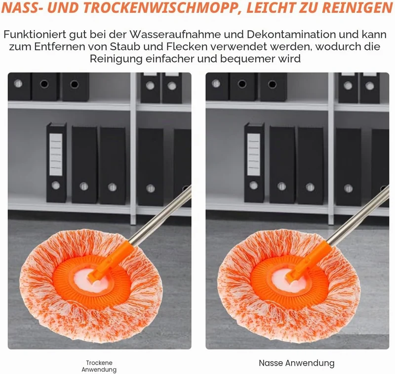 360 Grad Rotatable Reinigungsmops mit 4 abnehmbaren Stangen und 4 austauschbaren Mop-Köpfen einstell