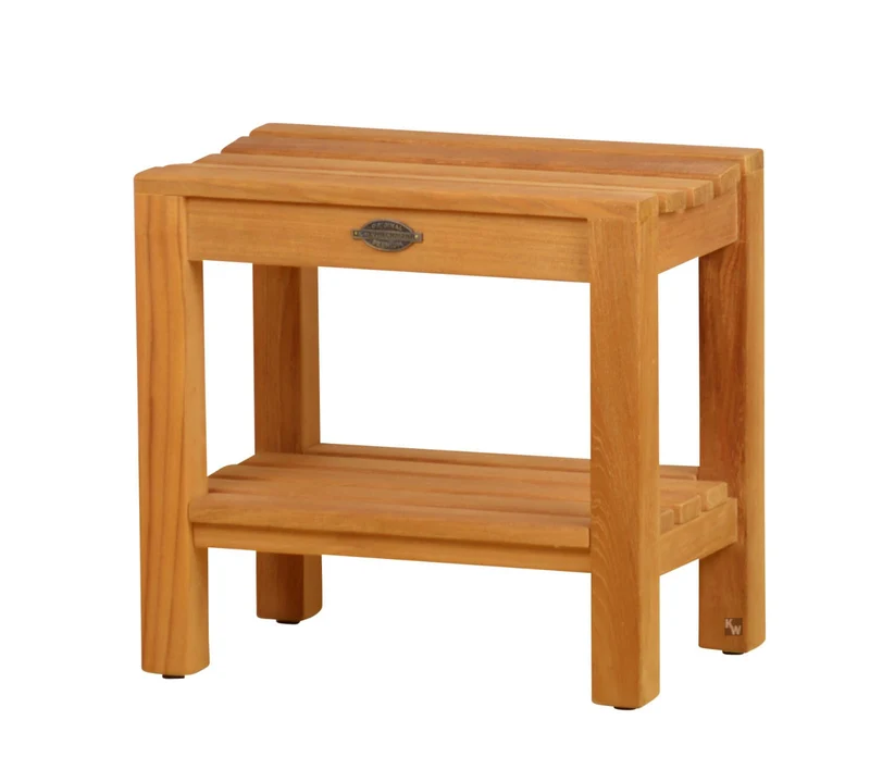 Duschhocker Holz mit Ablage Duschbank Premium Badhocker Badsitz Massivholz und Anti-Rutsch-Füsse