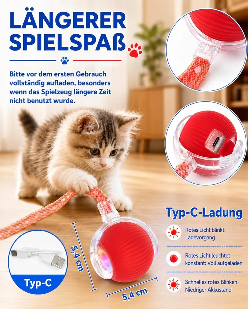Interaktives Katzenspielzeug 2 Stück elektrisch Ball LED 3 Spielmodi | Ball mit Schwanz,selbstbeschä