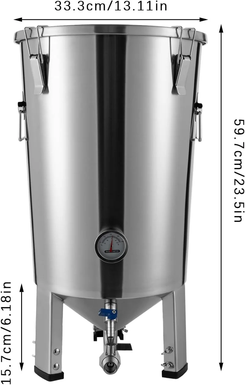 32L Konischer Gärbehälter aus Edelstahl mit integriertem Kühler, Hobbybrauerei Gärfass für Bier- und
