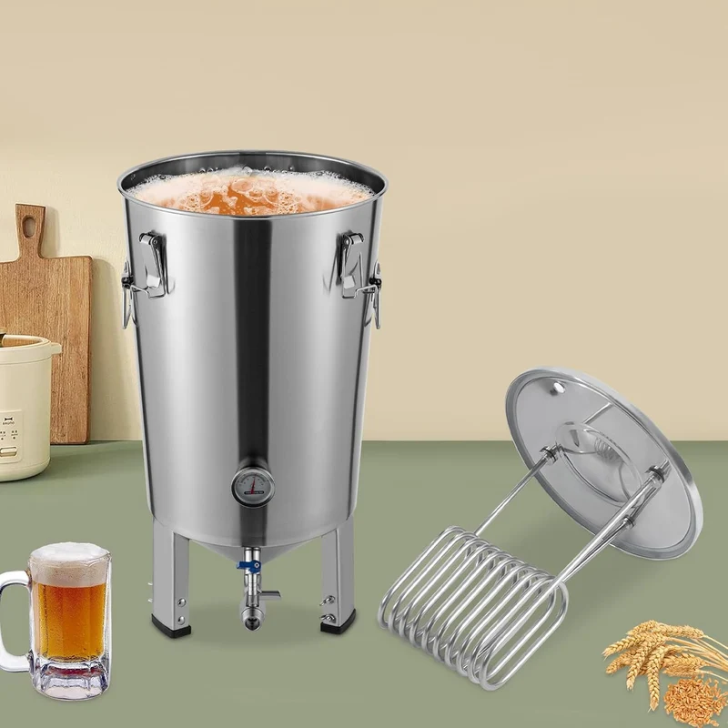 32L Konischer Gärbehälter aus Edelstahl mit integriertem Kühler, Hobbybrauerei Gärfass für Bier- und