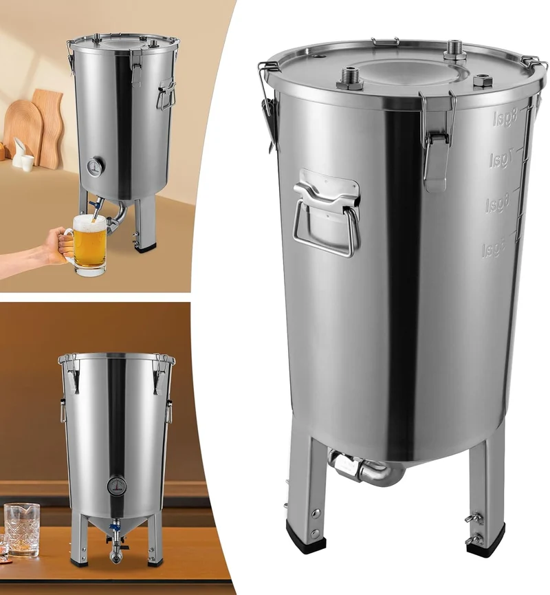 32L Konischer Gärbehälter aus Edelstahl mit integriertem Kühler, Hobbybrauerei Gärfass für Bier- und