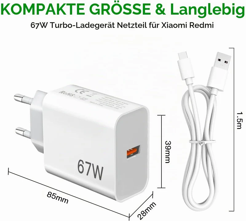 67W Ladegerät Netzteil für Xiaomi 15T 14T 17T Redmi Note 15 14 Pro 5G/13 12 | 2Pack Schnellladegerät