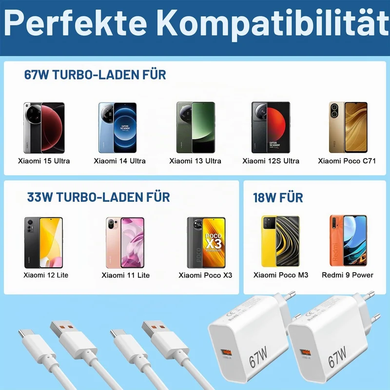 67W Ladegerät Netzteil für Xiaomi 15T 14T 17T Redmi Note 15 14 Pro 5G/13 12 | 2Pack Schnellladegerät