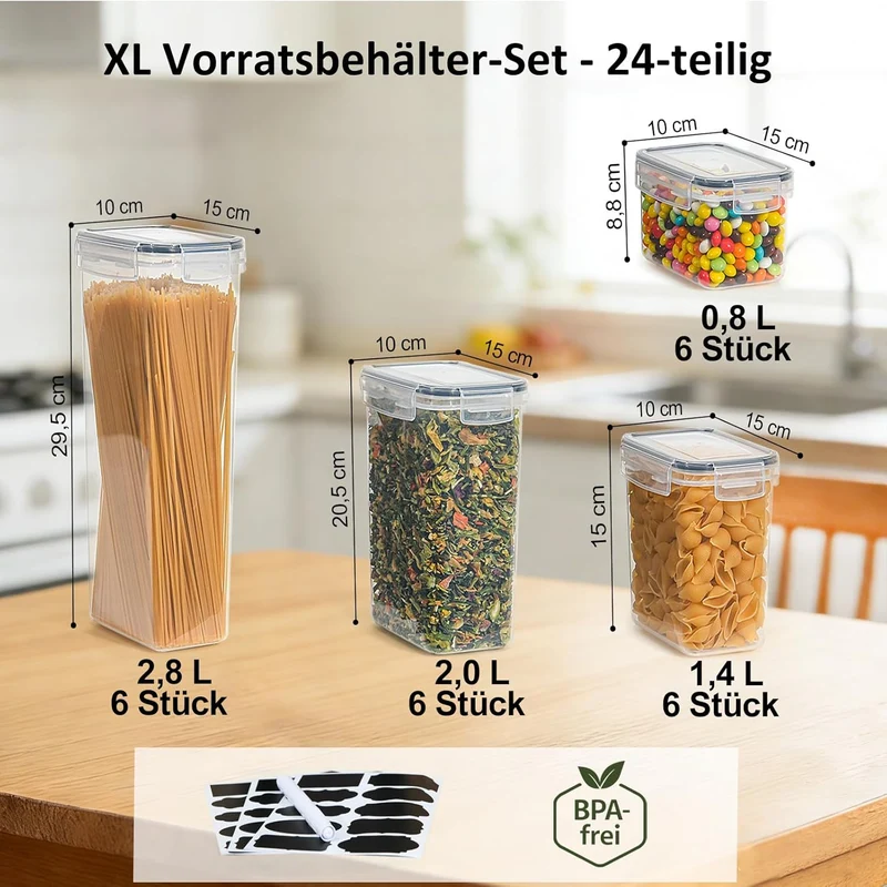 Haushaltszauber® Vorratsdosen Set XL – 24-teilig (0,8/1,4/2,0/2,8 L) | Luftdichte Vorratsdosen, Vorr