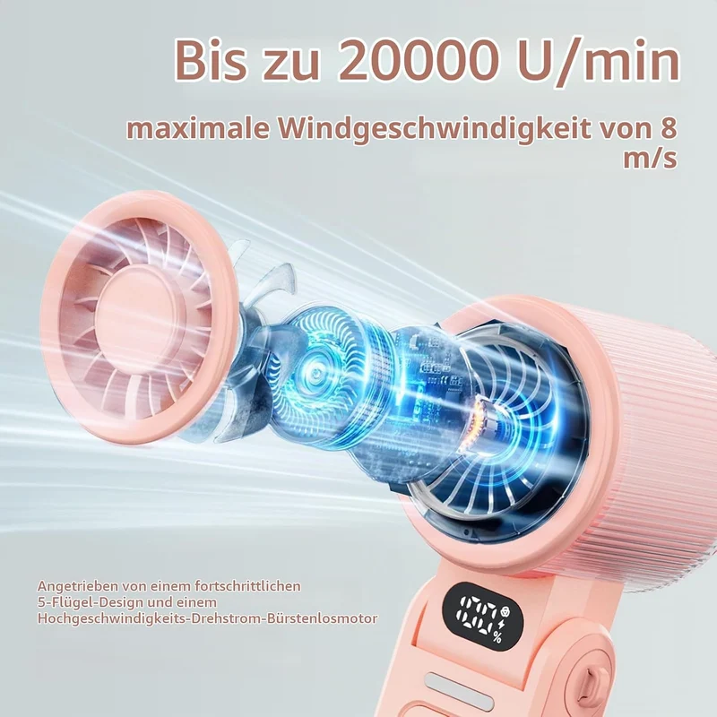 Handventilator Tragbarer Mini Ventilator mit 100 Stufen, USB Ventilator Wiederaufladbarer Akku, 3-in