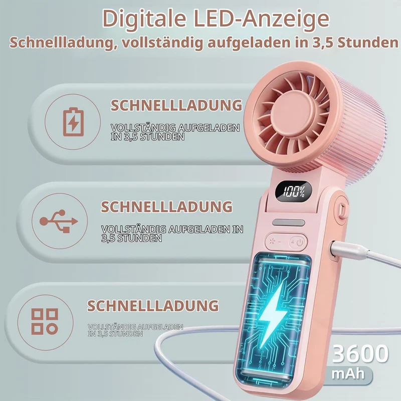 Handventilator Tragbarer Mini Ventilator mit 100 Stufen, USB Ventilator Wiederaufladbarer Akku, 3-in