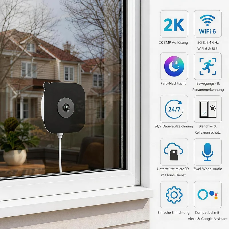 (2 Pack) 2K 3MP Überwachungskamera Innen für Fenster, Fensterkamera mit Farb-Nachtsicht, 5 GHz & 2,4