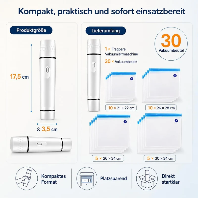 Handvakuumierer mit 30 Wiederverwendbare Vakuumbeutel | Tragbares Vakuumiergerät für Lebensmittelkon