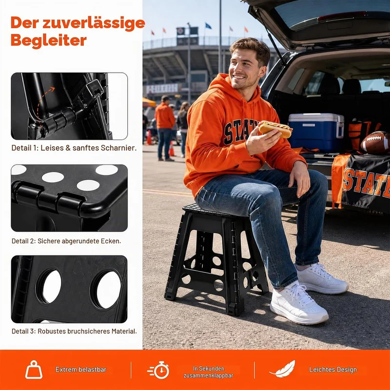 Klapptritt 45cm Schwarz, Faltbarer Tritthocker aus Kunststoff bis 150 kg, rutschfeste Oberfläche mit