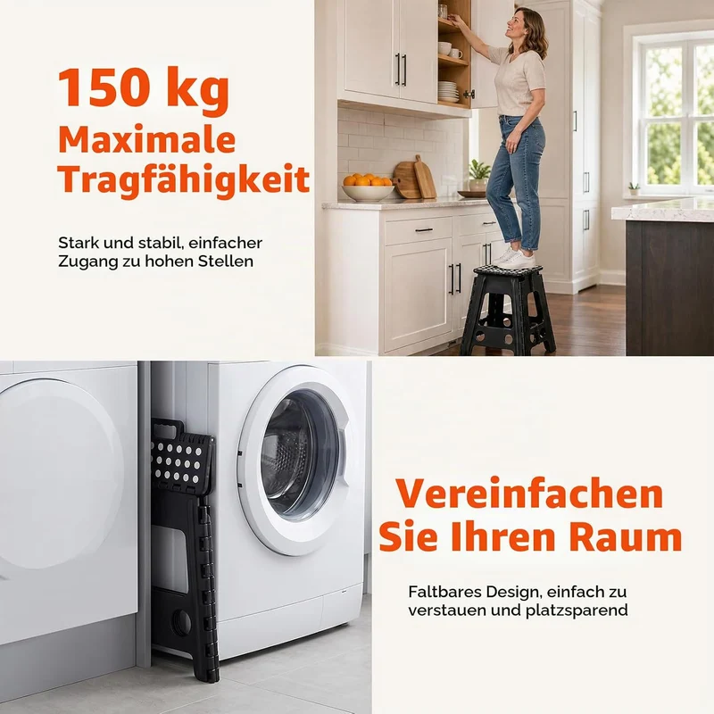 Klapptritt 45cm Schwarz, Faltbarer Tritthocker aus Kunststoff bis 150 kg, rutschfeste Oberfläche mit