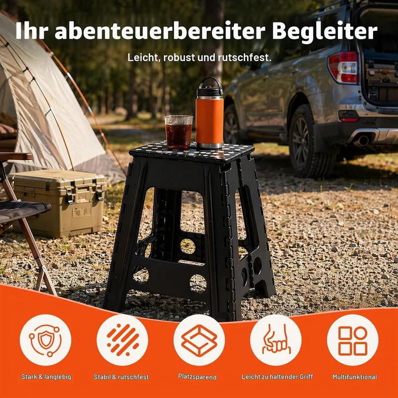 Klapptritt 45cm Schwarz, Faltbarer Tritthocker aus Kunststoff bis 150 kg, rutschfeste Oberfläche mit