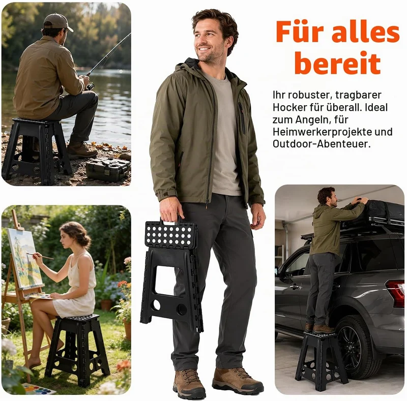 Klapptritt 45cm Schwarz, Faltbarer Tritthocker aus Kunststoff bis 150 kg, rutschfeste Oberfläche mit