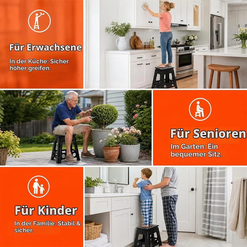 Klapptritt 45cm Schwarz, Faltbarer Tritthocker aus Kunststoff bis 150 kg, rutschfeste Oberfläche mit