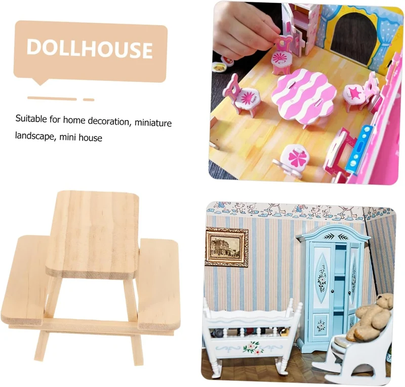 VICASKY Miniatur Puppenhaus Möbel Holz Picknicktisch mit Stühlen Realistisches Glattes Design Dekora