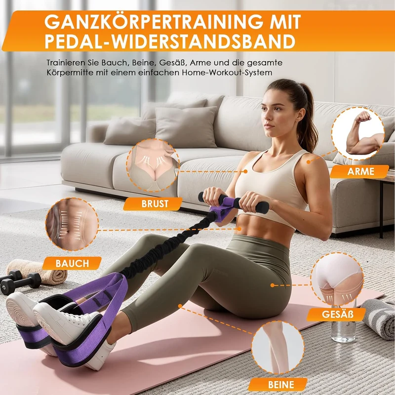 TOMSHOO Pedal Widerstandsbänder mit Griff, Multifunktions Bauchtrainer für Zuhause, Bodybuilding Exp