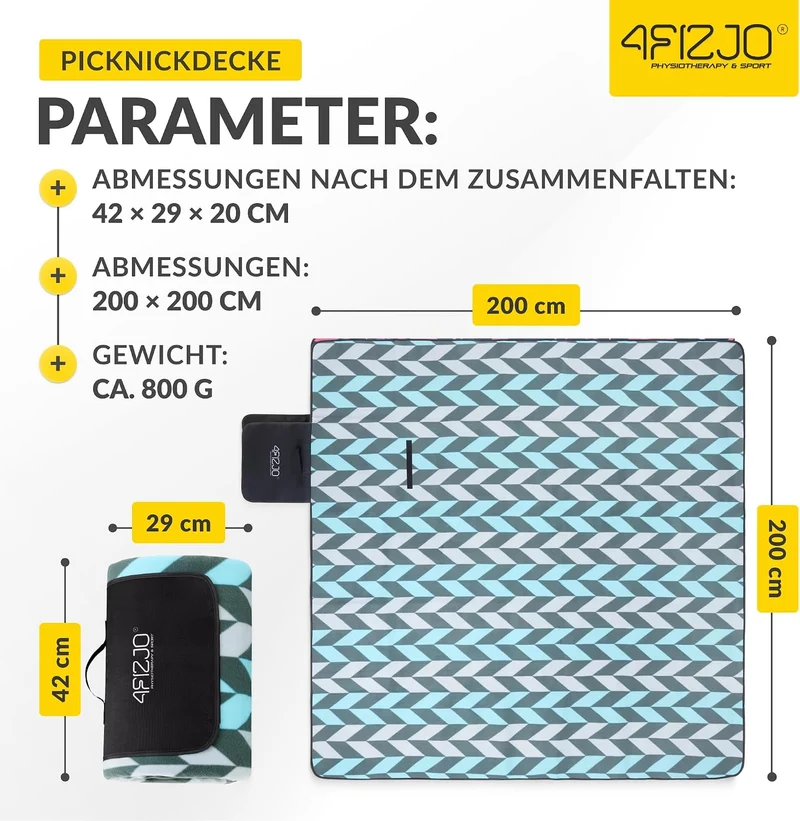 4FIZJO Picknickdecke 200x200cm, Stranddecke, Faltbar Strandmatte Blau-grau-schwarz 200 x 200 cm, Bla