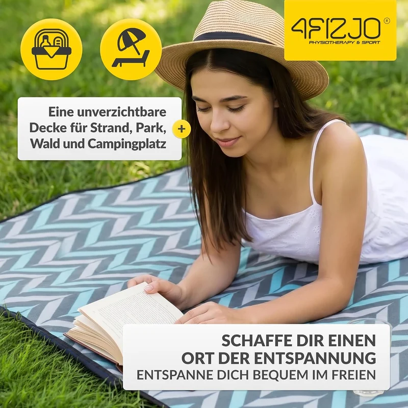 4FIZJO Picknickdecke 200x200cm, Stranddecke, Faltbar Strandmatte Blau-grau-schwarz 200 x 200 cm, Bla