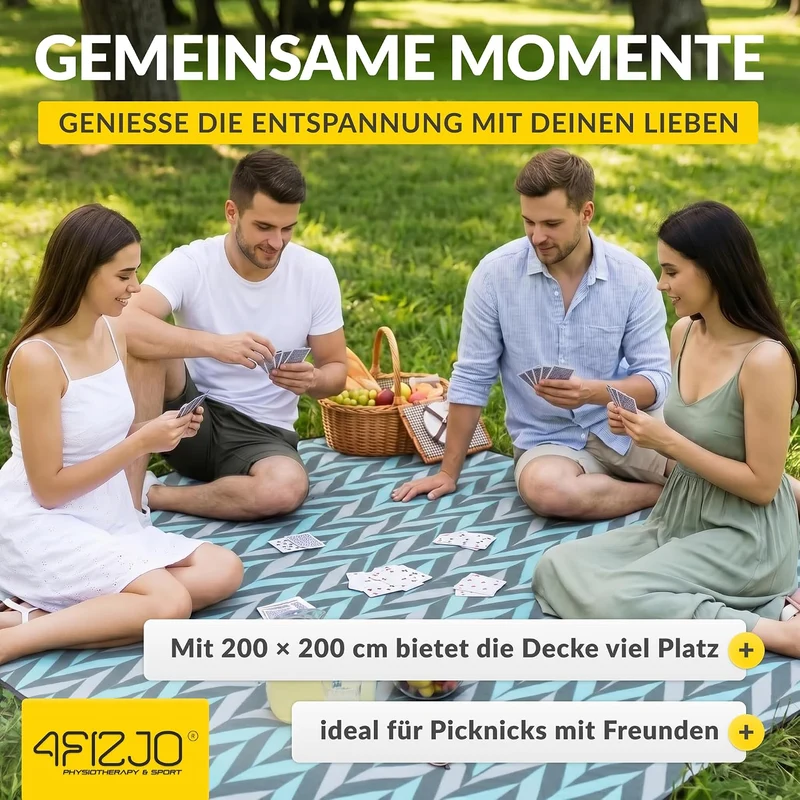 4FIZJO Picknickdecke 200x200cm, Stranddecke, Faltbar Strandmatte Blau-grau-schwarz 200 x 200 cm, Bla