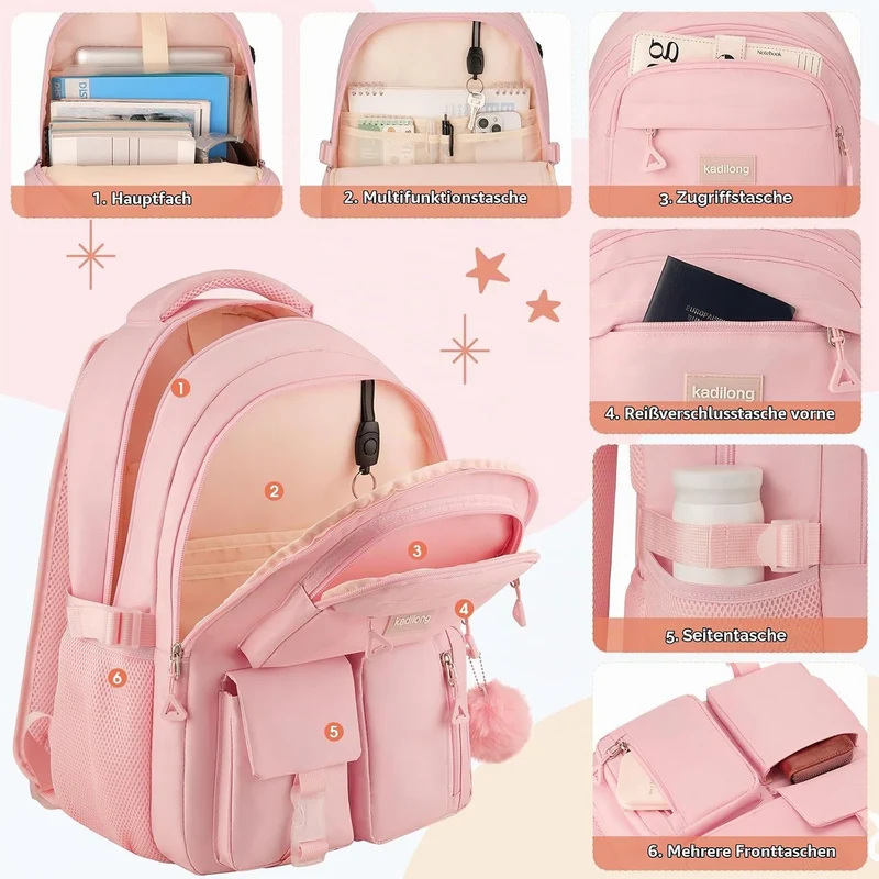 kadilong 17,3 Zoll Schulrucksack Mädchen Teenager Schultasche Frauen Schulranzen Uni Rucksack Damen