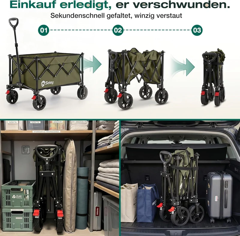 Sekey XXL 4026 Bollerwagen Faltbar 135L 150KG Geländereifen | Faltbollerwagen mit Bremse Handwagen,