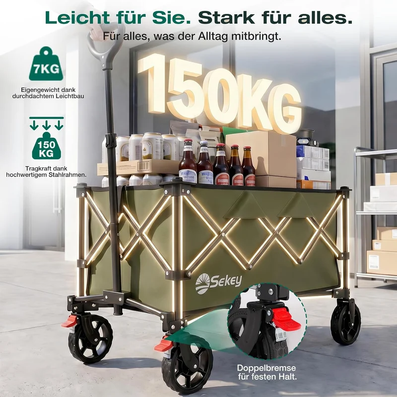 Sekey XXL 4026 Bollerwagen Faltbar 135L 150KG Geländereifen | Faltbollerwagen mit Bremse Handwagen,