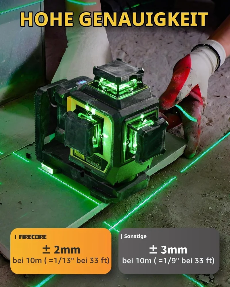 Kreuzlinienlaser Firrecore Laser Wasserwaage Komplettset mit Stativ, Empfanger, Nivellierlatte - 360