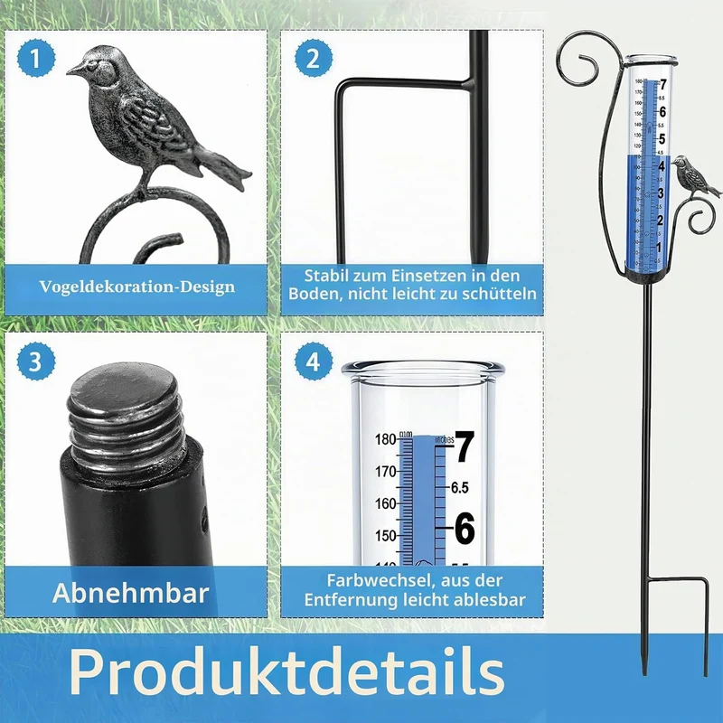 Regenmesser Aussen, verbesserter einzigartiger dekorativer Stand-Regenmesser mit Vogel-Dekor, höhenv