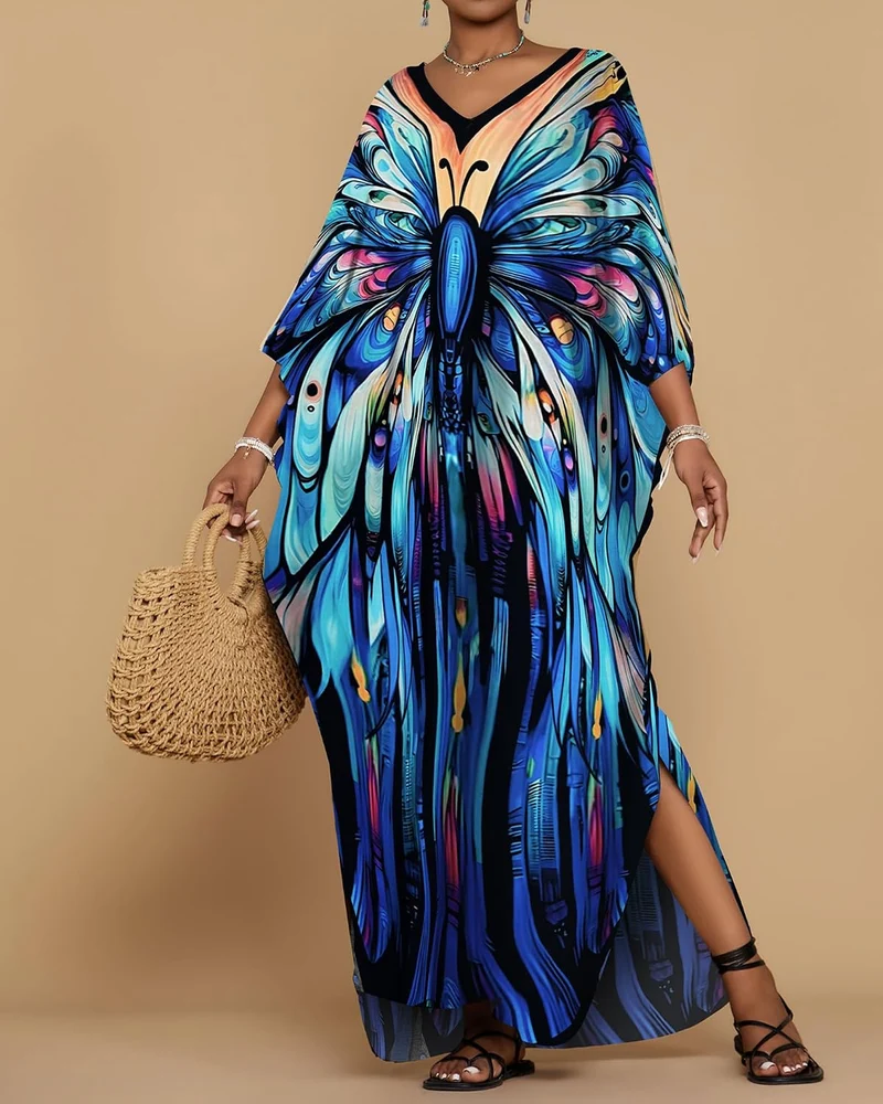 Bsubseach Damen Casual Beach Kaftan Kleid Kurzarm Loungewear Caftan Strandkleid Blau 1, Blau 1