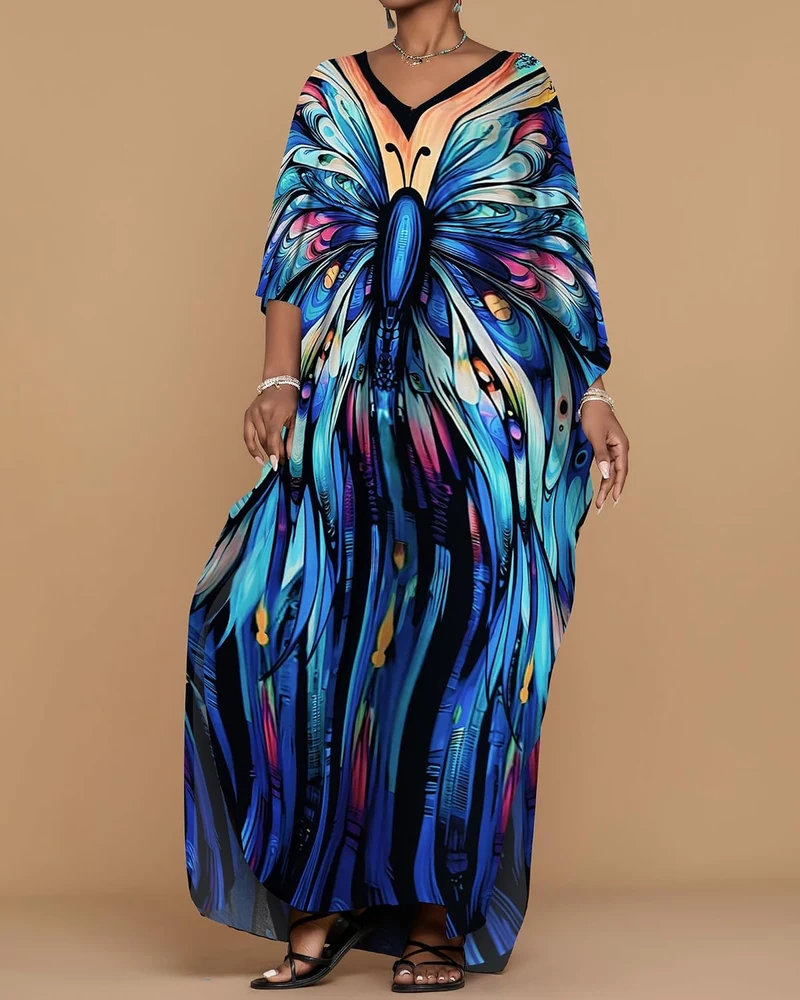 Bsubseach Damen Casual Beach Kaftan Kleid Kurzarm Loungewear Caftan Strandkleid Blau 1, Blau 1